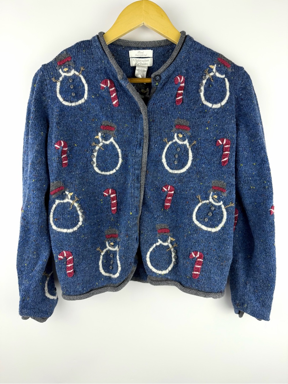 Ugly Christmas Cardigan Hand Embroidered Snowman Blue Christopher Banks Small